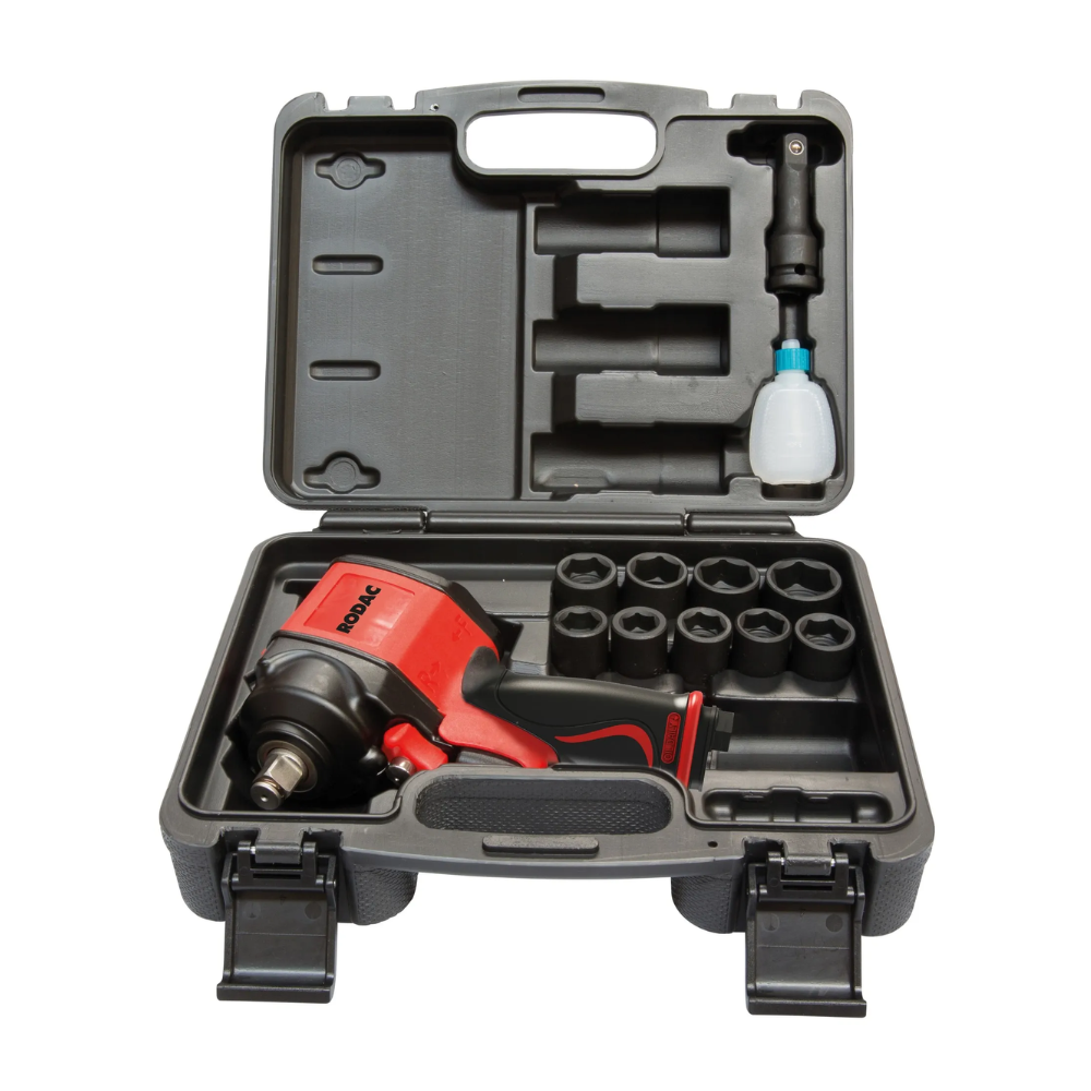 RODAC 1/2" Slagmoersleutel stubby 610 Nm in koffer met krachtdoppen